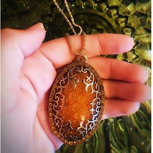 Synthetic Amber Gypsy Mystic Pendant With Chain 🌙 Witchy Vintage Inspired